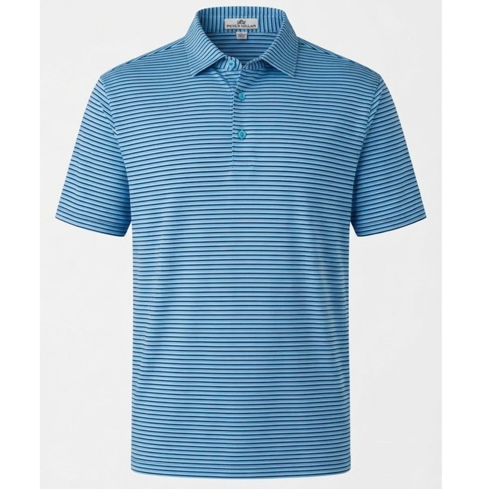 Peter Millar Mens Large Blue Striped 100% Cotton Short Sleeve Golf Polo Shirt